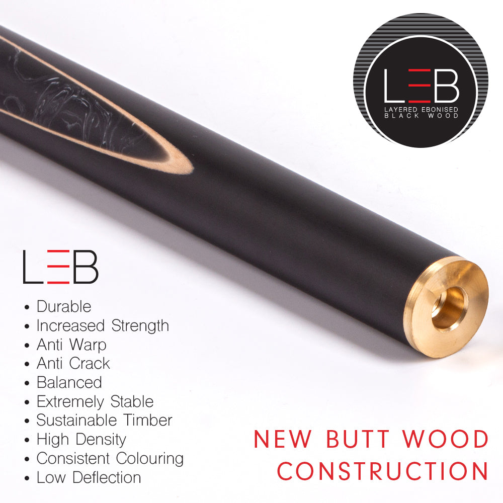 BCE Black Series - 3 Piece Snooker Cue - 3/4 Cut Cue - Layered Ebonised Black Wood Butt - 9.5mm Tip - 145cm - Black/ Black and White Marbleised Resin