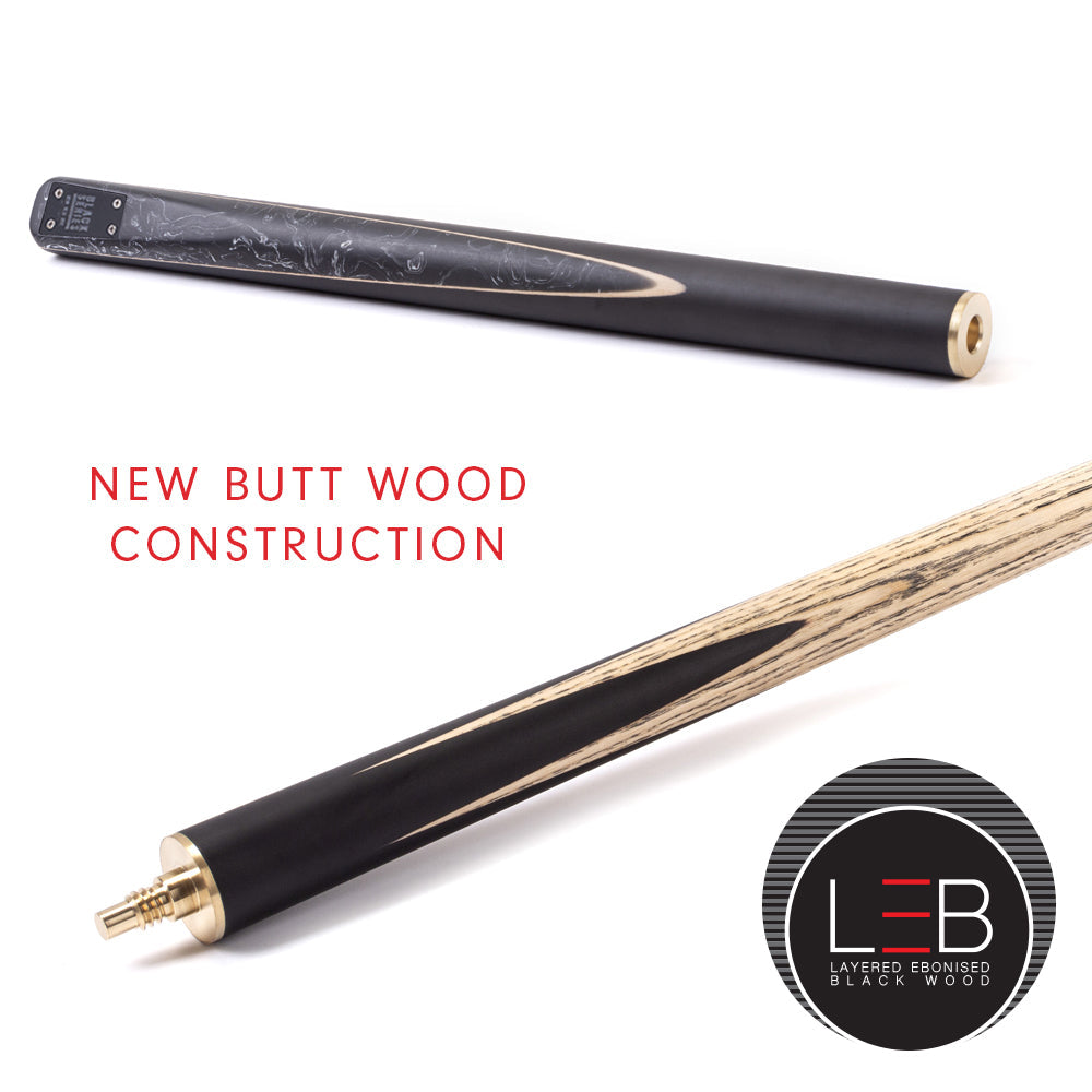 BCE Black Series - 3 Piece Snooker Cue - 3/4 Cut Cue - Layered Ebonised Black Wood Butt - 9.5mm Tip - 145cm - Black/ Black and White Marbleised Resin