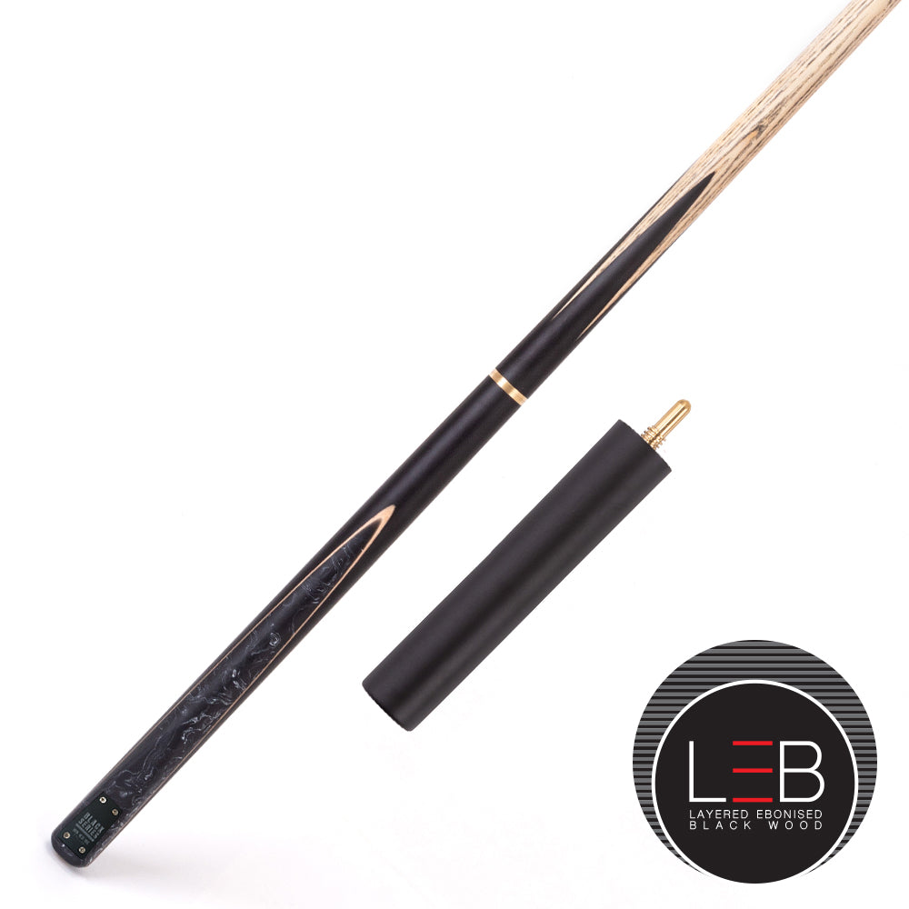 BCE Black Series - 3 Piece Snooker Cue - 3/4 Cut Cue - Layered Ebonised Black Wood Butt - 9.5mm Tip - 145cm - Black/ Black and White Marbleised Resin