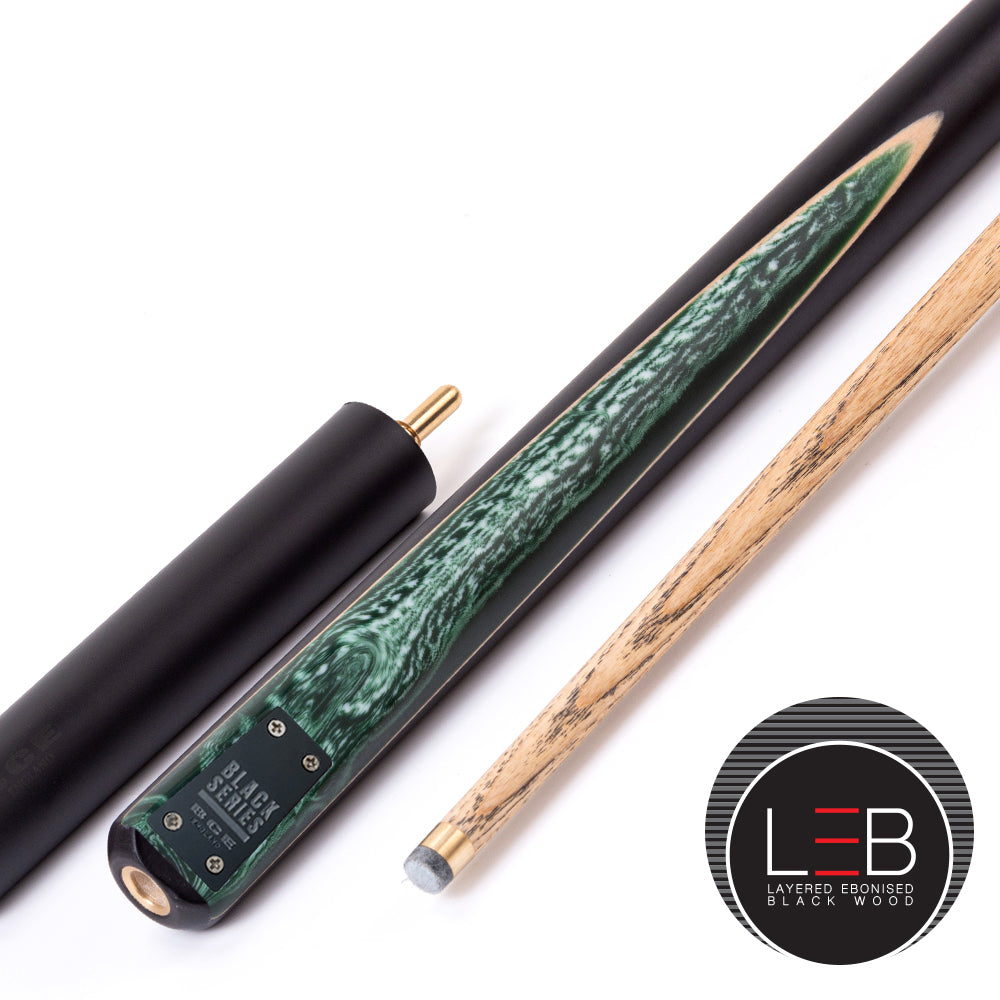 BCE Black Series - 3 Piece Snooker Cue - 3/4 Cut Cue - Layered Ebonised Black Wood Butt - 9.5mm Tip - 145cm - Black/ Green and White Marbleised Resin