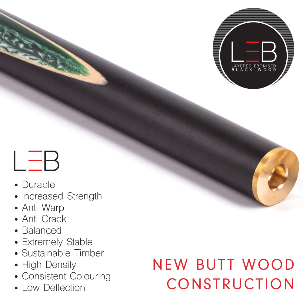 BCE Black Series - 3 Piece Snooker Cue - 3/4 Cut Cue - Layered Ebonised Black Wood Butt - 9.5mm Tip - 145cm - Black/ Green and White Marbleised Resin