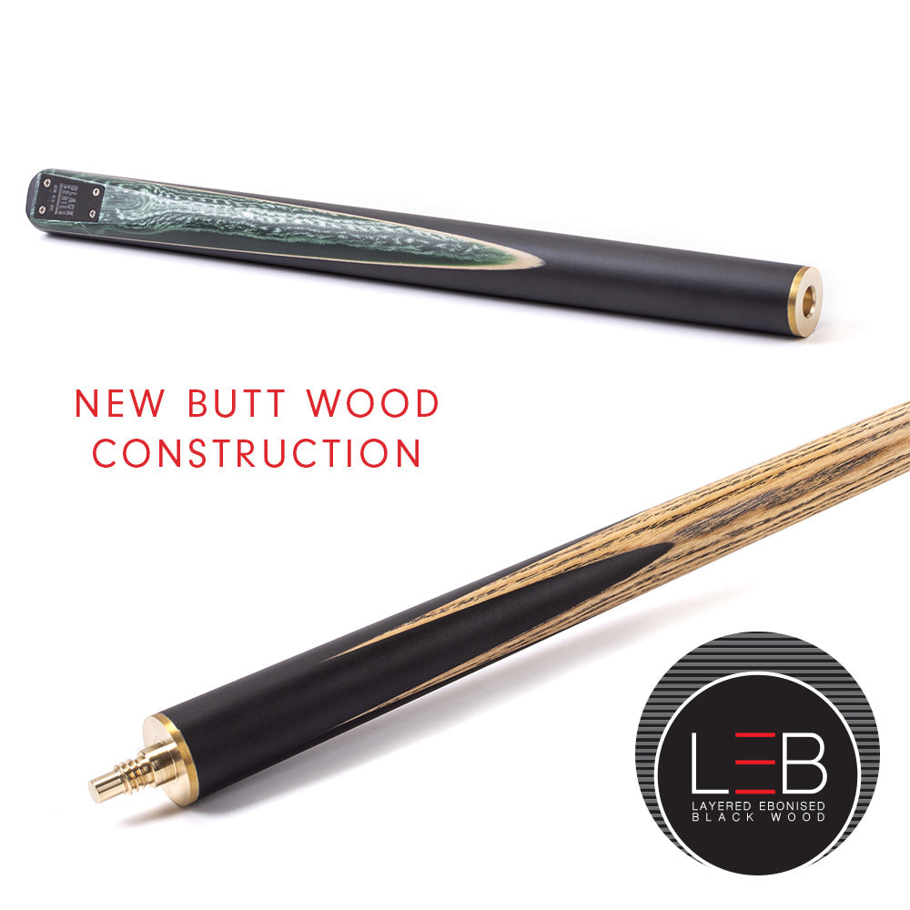 BCE Black Series - 3 Piece Snooker Cue - 3/4 Cut Cue - Layered Ebonised Black Wood Butt - 9.5mm Tip - 145cm - Black/ Green and White Marbleised Resin