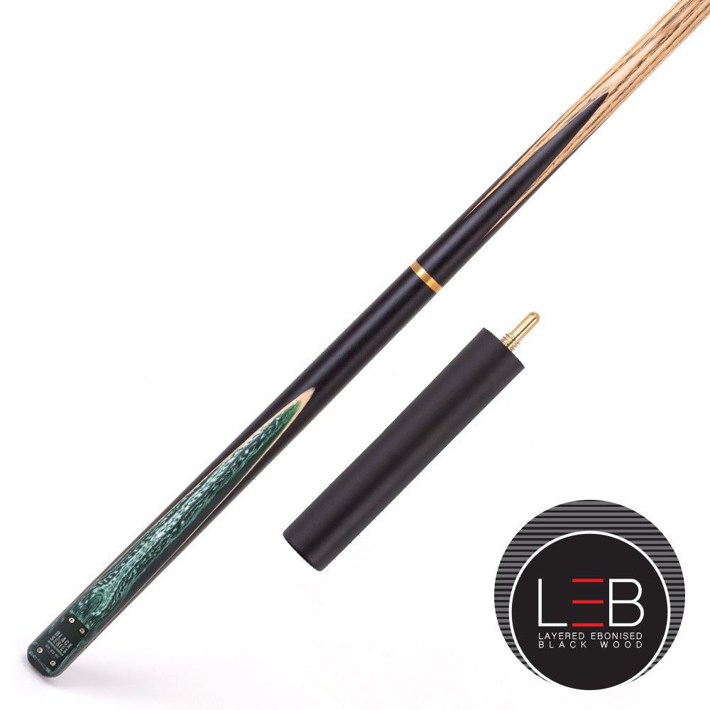 BCE Black Series - 3 Piece Snooker Cue - 3/4 Cut Cue - Layered Ebonised Black Wood Butt - 9.5mm Tip - 145cm - Black/ Green and White Marbleised Resin