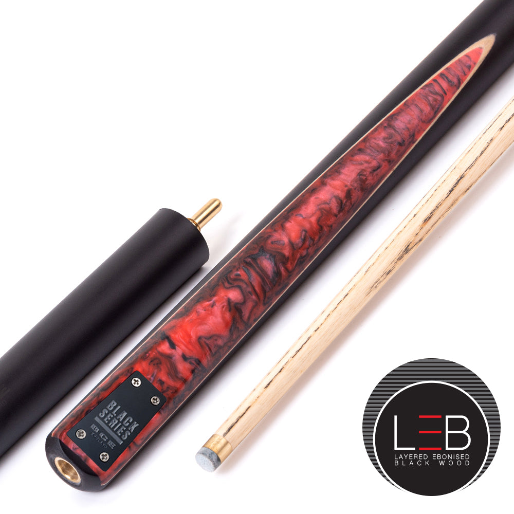 BCE Black Series - 3 Piece Snooker Cue - 3/4 Cut Cue - Layered Ebonised Black Wood Butt - 9.5mm Tip - 145cm - Black/ Red and Black Marbleised Resin