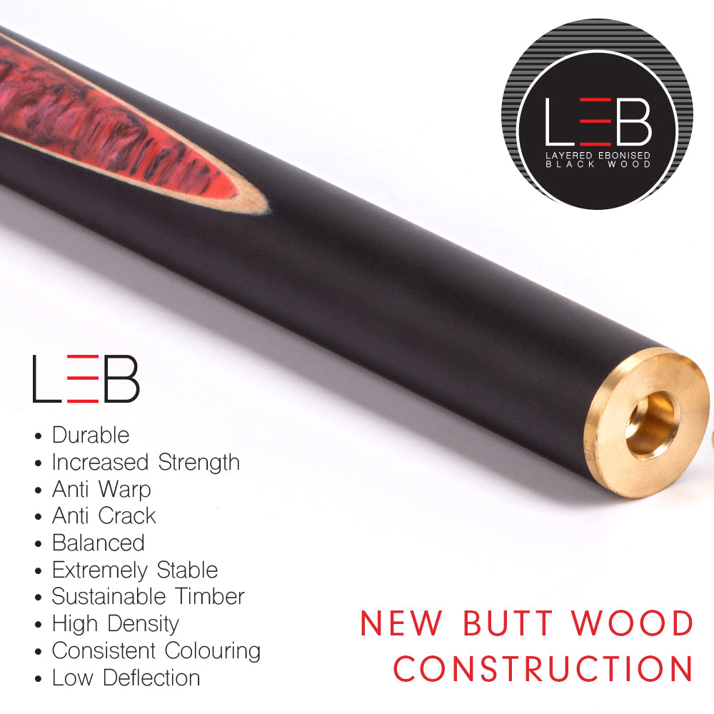 BCE Black Series - 3 Piece Snooker Cue - 3/4 Cut Cue - Layered Ebonised Black Wood Butt - 9.5mm Tip - 145cm - Black/ Red and Black Marbleised Resin