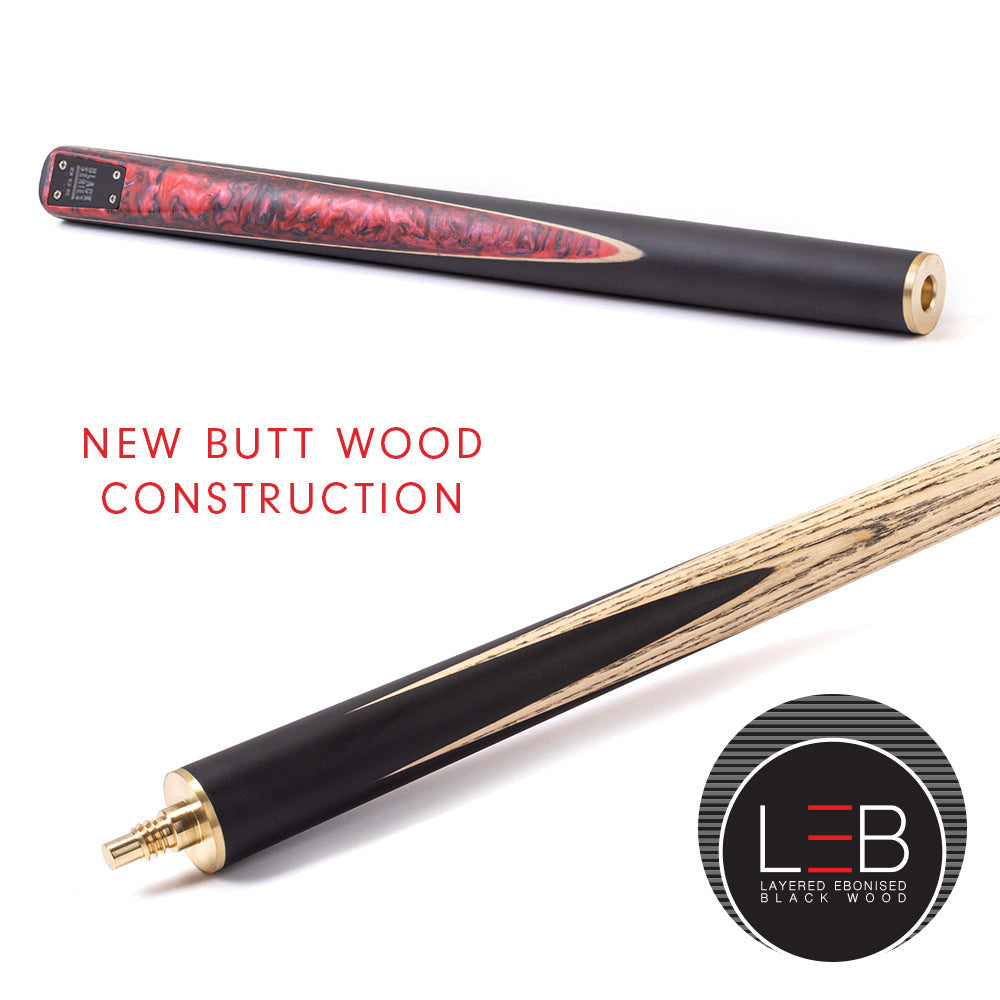 BCE Black Series - 3 Piece Snooker Cue - 3/4 Cut Cue - Layered Ebonised Black Wood Butt - 9.5mm Tip - 145cm - Black/ Red and Black Marbleised Resin