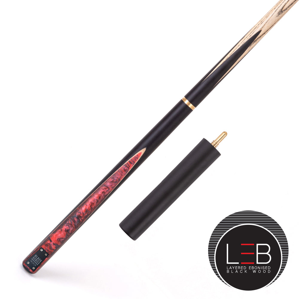 BCE Black Series - 3 Piece Snooker Cue - 3/4 Cut Cue - Layered Ebonised Black Wood Butt - 9.5mm Tip - 145cm - Black/ Red and Black Marbleised Resin