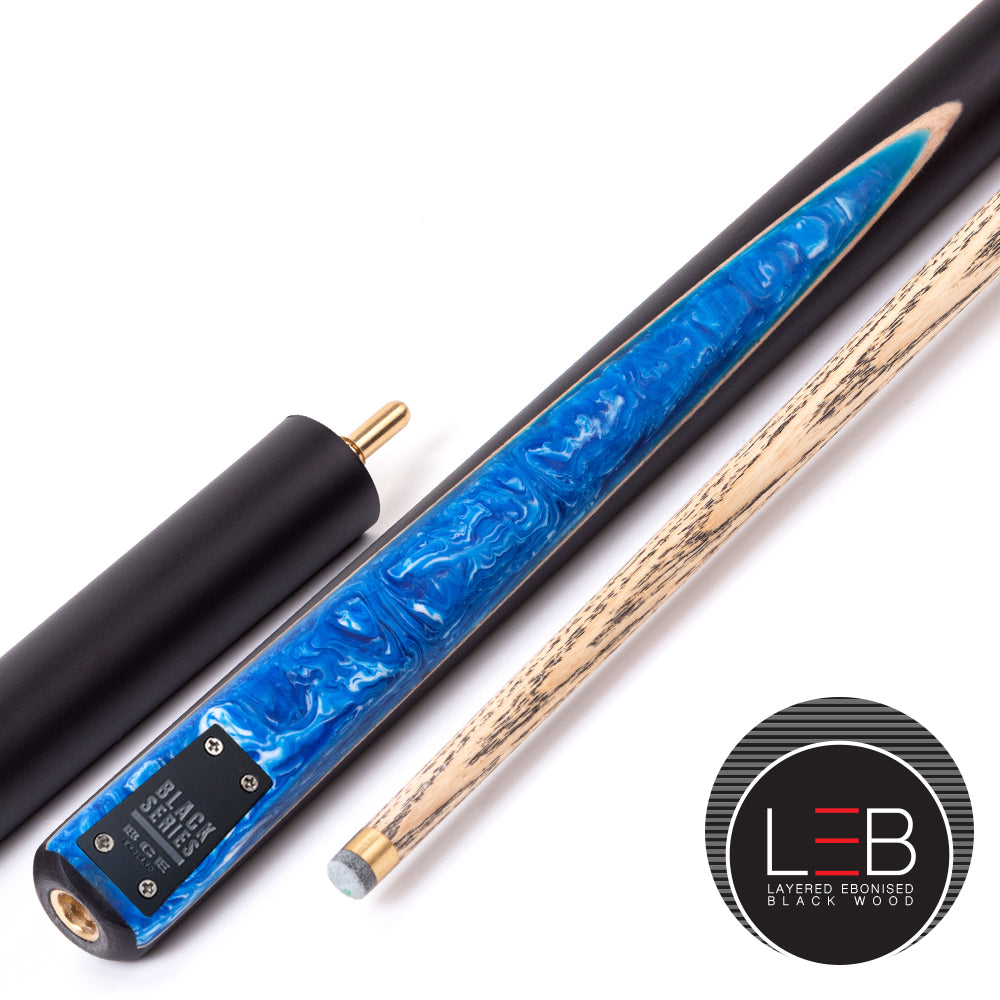 BCE Black Series - 3 Piece Snooker Cue - 3/4 Cut Cue - Layered Ebonised Black Wood Butt - 9.5mm Tip - 145cm - Black/ Blue and White Marbleised Resin