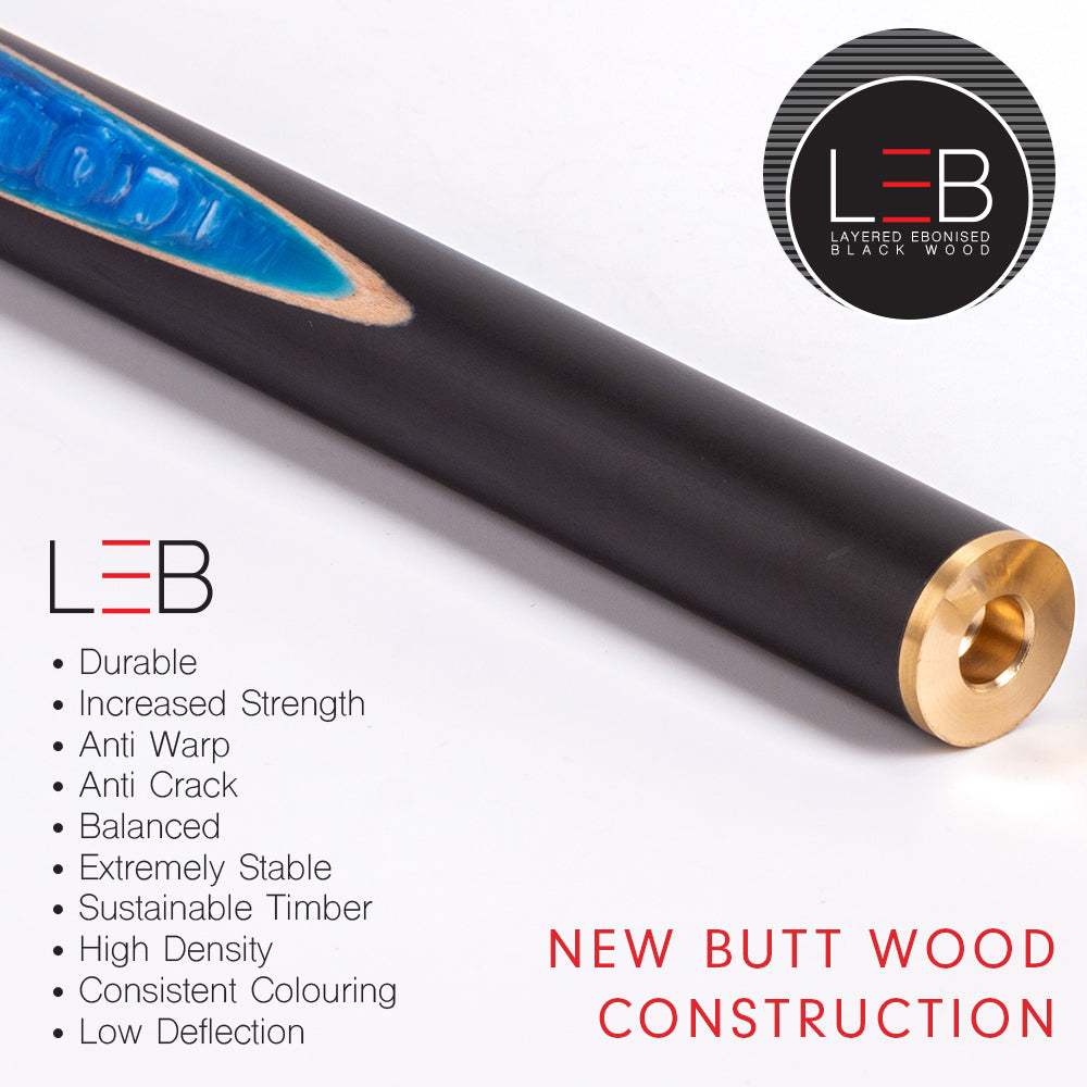 BCE Black Series - 3 Piece Snooker Cue - 3/4 Cut Cue - Layered Ebonised Black Wood Butt - 9.5mm Tip - 145cm - Black/ Blue and White Marbleised Resin