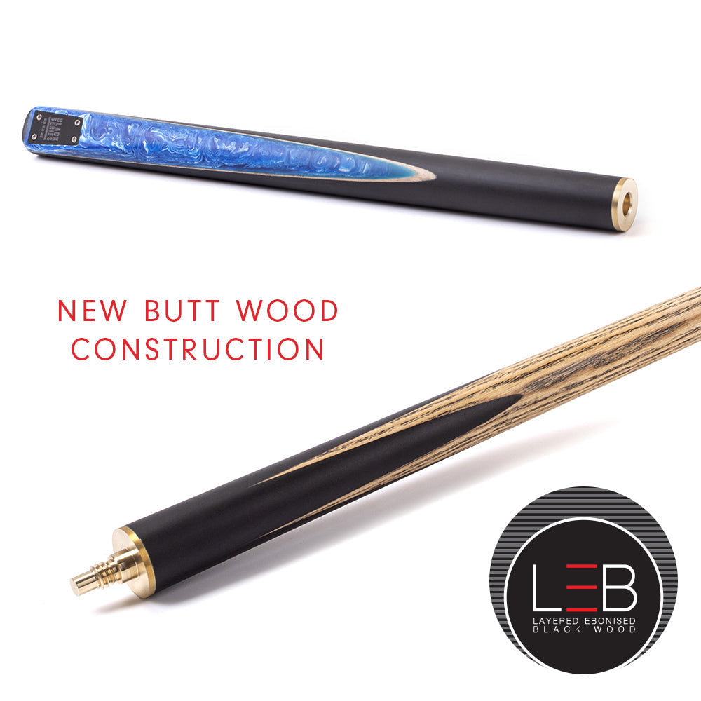BCE Black Series - 3 Piece Snooker Cue - 3/4 Cut Cue - Layered Ebonised Black Wood Butt - 9.5mm Tip - 145cm - Black/ Blue and White Marbleised Resin