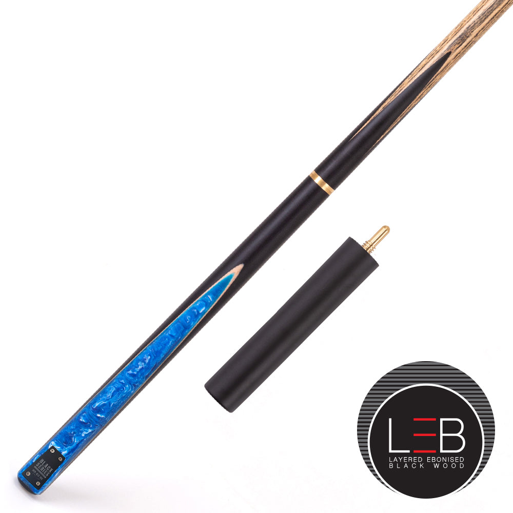 BCE Black Series - 3 Piece Snooker Cue - 3/4 Cut Cue - Layered Ebonised Black Wood Butt - 9.5mm Tip - 145cm - Black/ Blue and White Marbleised Resin