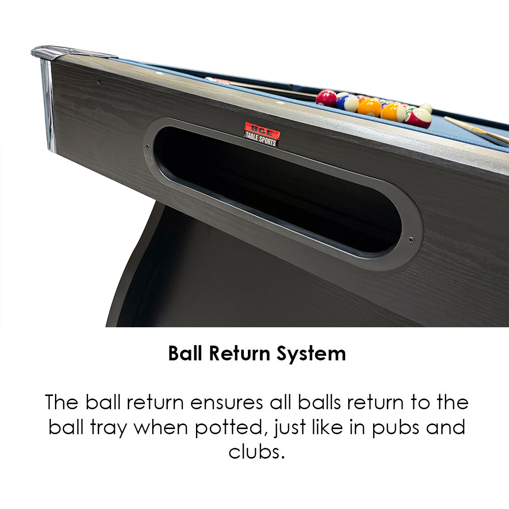 BCE 7ft Black Cat American Pool Table - Black/Wood Effect with Blue Cloth - Fixed Leg - Ball Return System