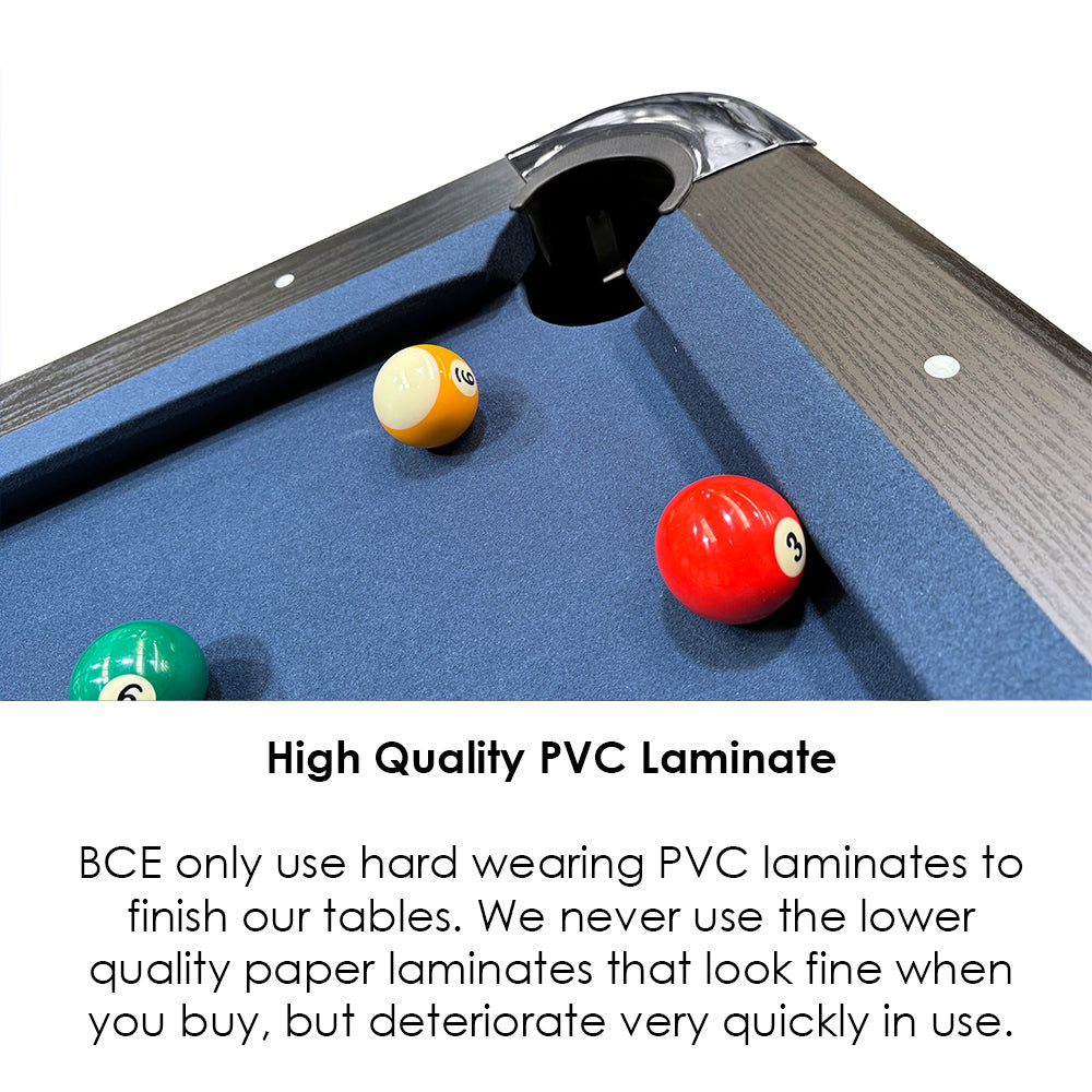 BCE 7ft Black Cat American Pool Table - Black/Wood Effect with Blue Cloth - Fixed Leg - Ball Return System