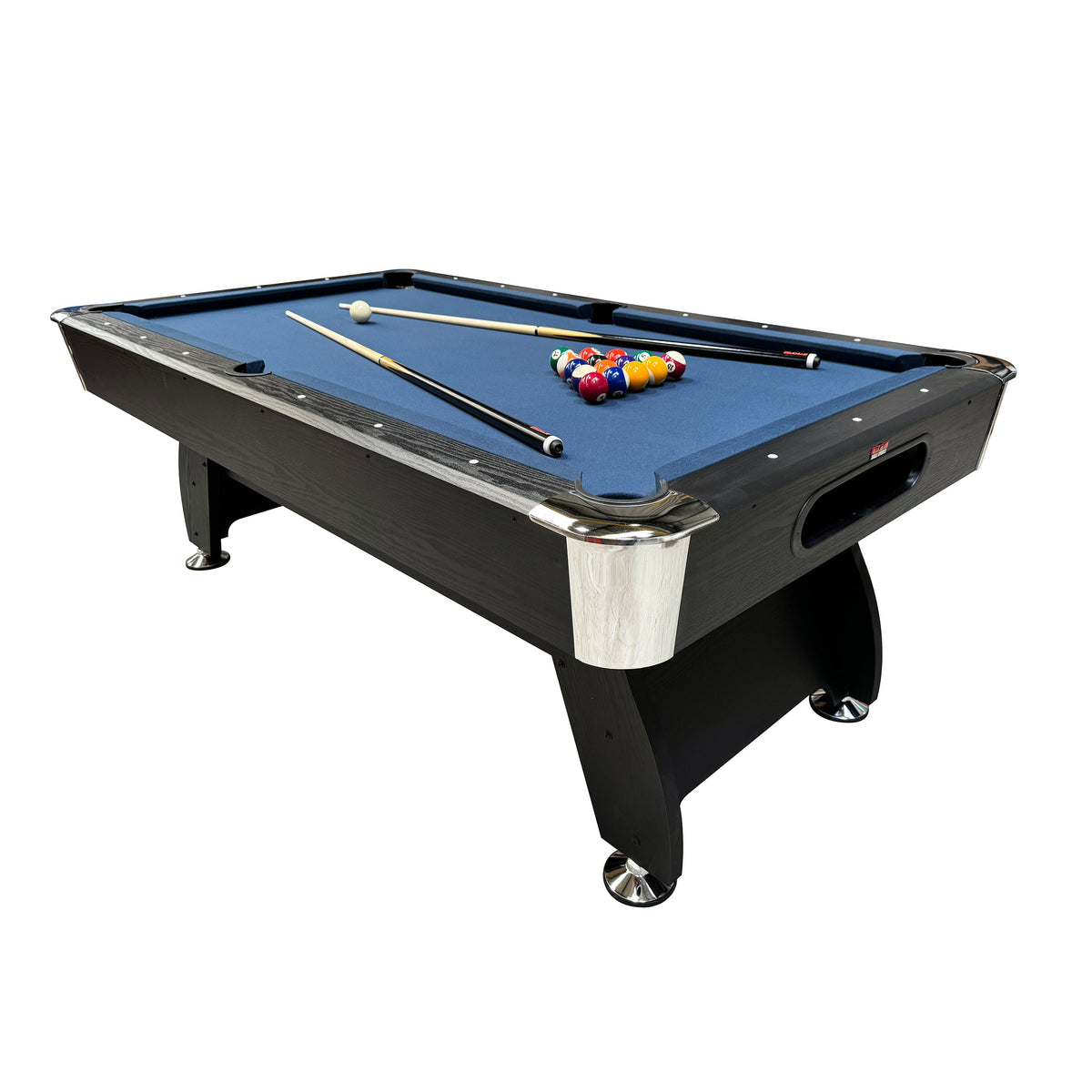 BCE 7ft Black Cat American Pool Table - Black/Wood Effect with Blue Cloth - Fixed Leg - Ball Return System