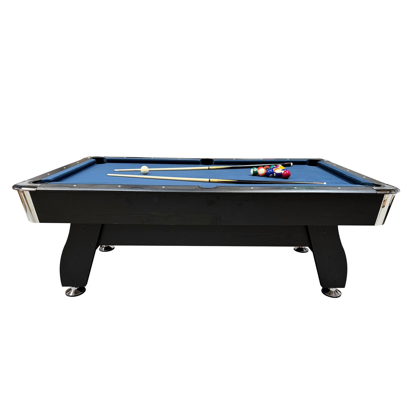 BCE 7ft Black Cat American Pool Table - Black/Wood Effect with Blue Cloth - Fixed Leg - Ball Return System