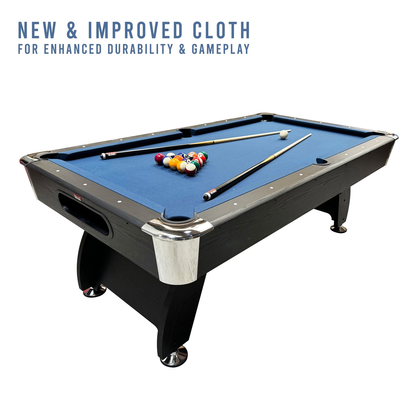 BCE 7ft Black Cat American Pool Table - Black/Wood Effect with Blue Cloth - Fixed Leg - Ball Return System