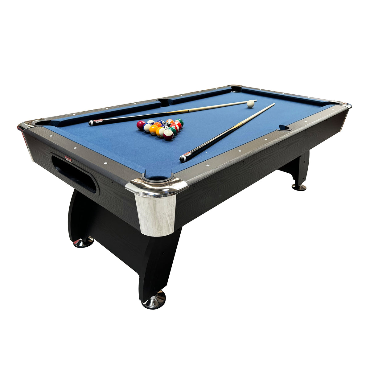 BCE 7ft Black Cat American Pool Table - Black/Wood Effect with Blue Cloth - Fixed Leg - Ball Return System