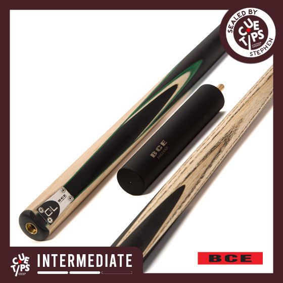 BCE C8L - 3 Piece English Pool Cue - 3/4 Cut Cue - Layered Ebonised Black Wood with 9mm Tip - 145cm - Black/ Green /Light Wood