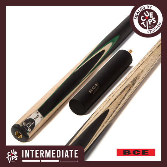 BCE C8L - 3 Piece English Pool Cue - 3/4 Cut Cue - Layered Ebonised Black Wood with 9mm Tip - 145cm - Black/ Green /Light Wood