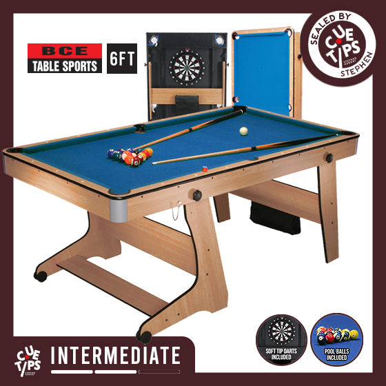 BCE 6ft Folding 2 in 1 Pool Table with Dartboard - Blue Cloth/ Beech Finish - Folds Vertically