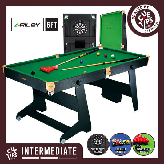 Riley 6ft 3 in 1 Folding Snooker Table - Snooker, Pool and Dartboard - Black/Wood Effect with Green Cloth - Folds Vertically