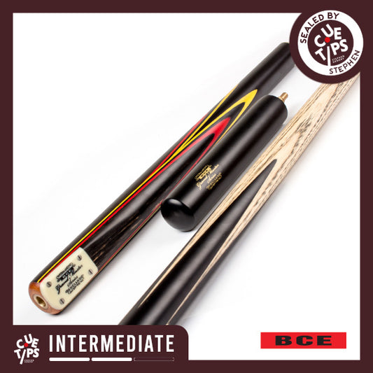 BCE 3 Piece Grand Master Snooker Cue - 3/4 Cut Cue - Layered Ebonised Black Wood Butt - 9.5mm Tip - 145cm - Black/Red/ Yellow