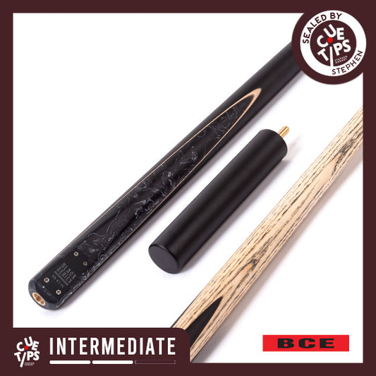 BCE Black Series - 3 Piece Snooker Cue - 3/4 Cut Cue - Layered Ebonised Black Wood Butt - 9.5mm Tip - 145cm - Black/ Black and White Marbleised Resin