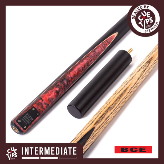 BCE Black Series - 3 Piece Snooker Cue - 3/4 Cut Cue - Layered Ebonised Black Wood Butt - 9.5mm Tip - 145cm - Black/ Red and Black Marbleised Resin