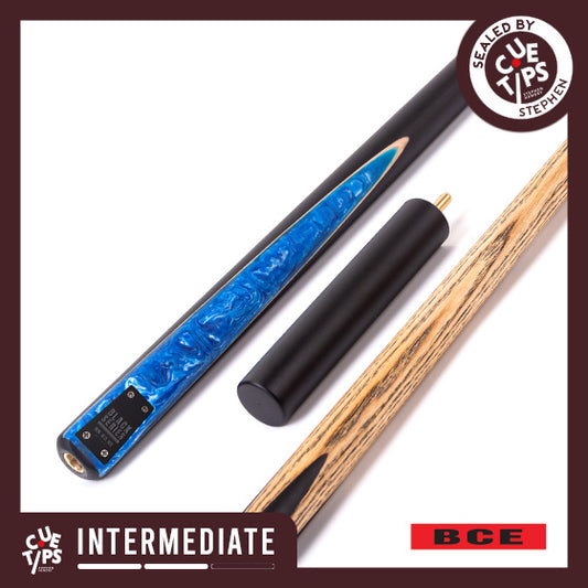BCE Black Series - 3 Piece Snooker Cue - 3/4 Cut Cue - Layered Ebonised Black Wood Butt - 9.5mm Tip - 145cm - Black/ Blue and White Marbleised Resin