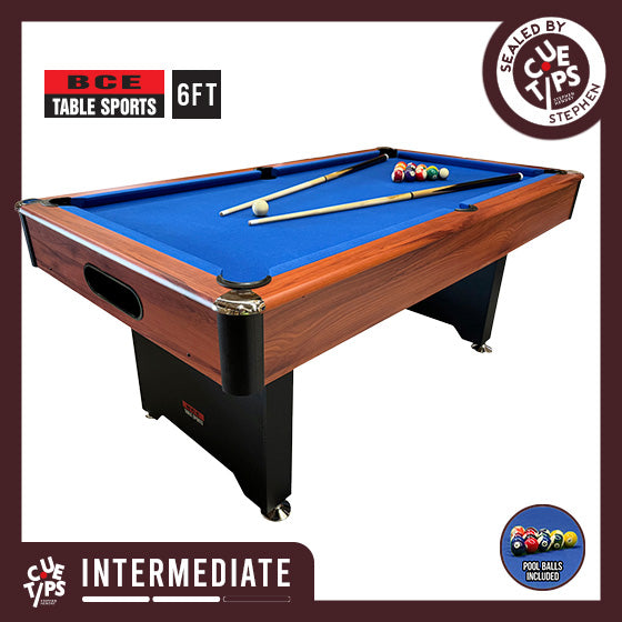 BCE 6ft American Pool Table - Black/Wood Effect with Blue Cloth - Fixed Leg - Ball Return System