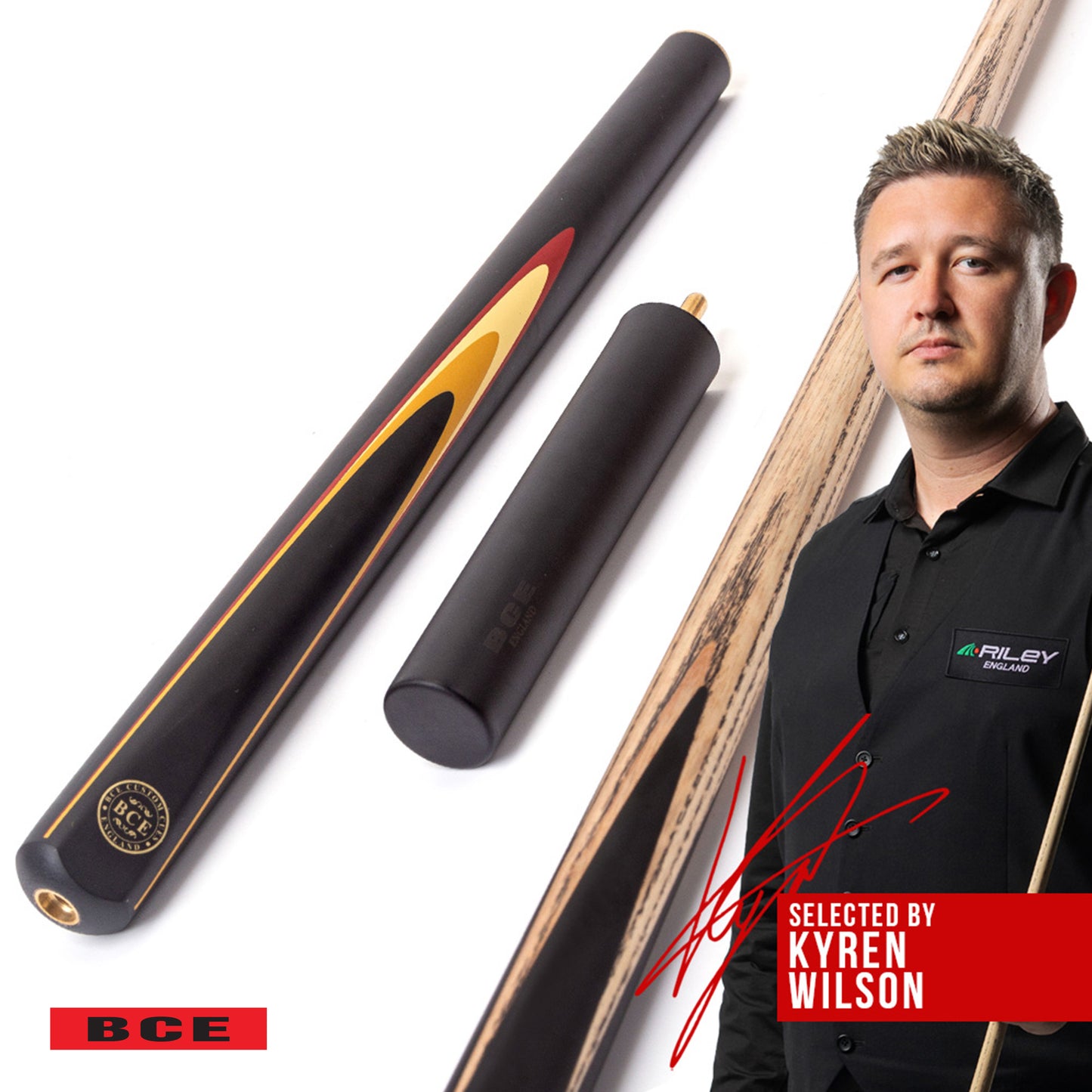 BCE Protege Series - 3/4 Cut Snooker/Pool Cue - 9.5mm Tip - 145cm - Black/Natural/Red/Cream/Orange