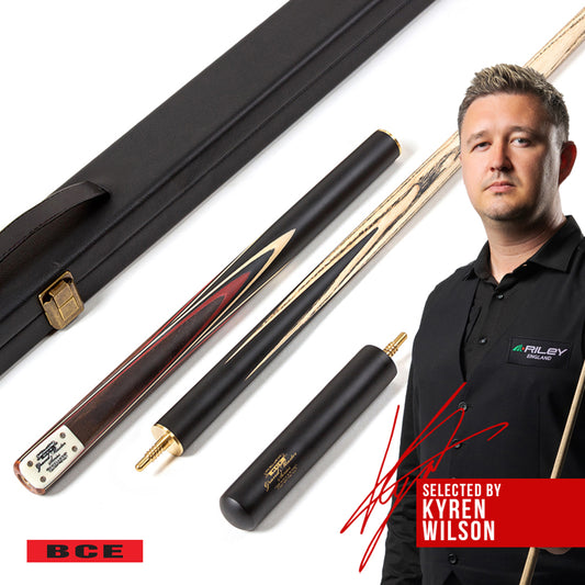 BCE 3 Piece Grand Master Snooker Cue - 3/4 Cut Cue - Layered Ebonised Black Wood Butt - 9.5mm Tip - 145cm - Black/ Red/ Natural