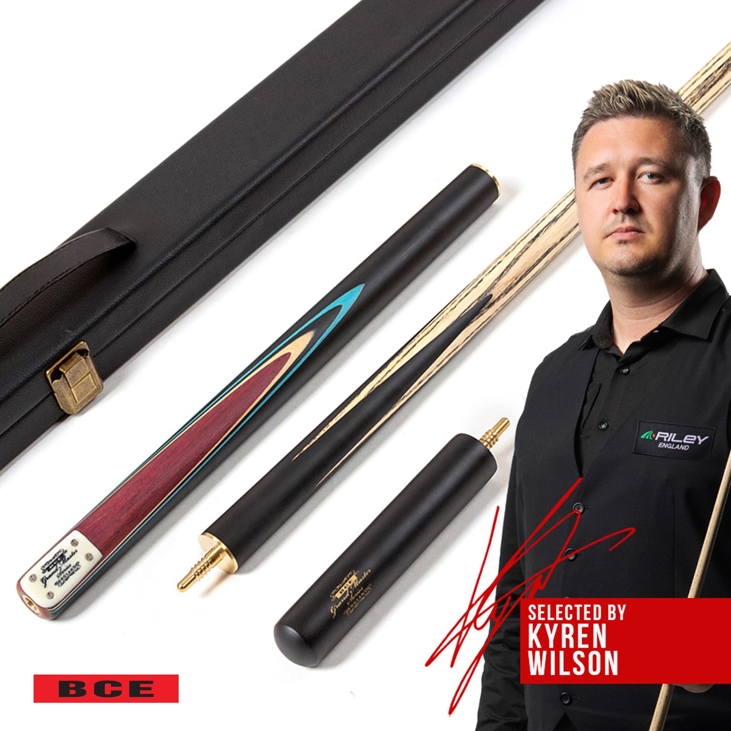 BCE 3 Piece Grand Master Snooker Cue - 3/4 Cut Cue - Layered Ebonised Black Wood Butt - 9.5mm Tip - 145cm - Black/Natural/ Blue
