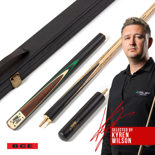 BCE 3 Piece Grand Master Snooker Cue and Hard Case 3/4 Cut- Layered Ebonised Black Wood Butt  - 9.5mm Tip - 145cm - Black/Natural/ Green