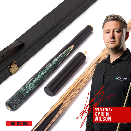 BCE Black Series - 3 Piece Snooker Cue - 3/4 Cut Cue - Layered Ebonised Black Wood Butt - 9.5mm Tip - 145cm - Black/ Green and White Marbleised Resin