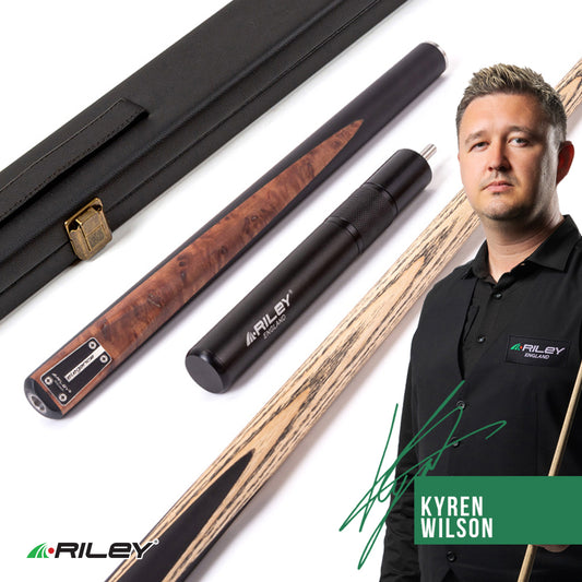 Riley Elegance - 3 Piece Snooker Cue - 3/4 Cut Cue - Layered Ebonised Black Wood Butt - 9.5mm Laminated Tip - 145cm - Black/ Natural Golden Madrone Burl  Front Splice
