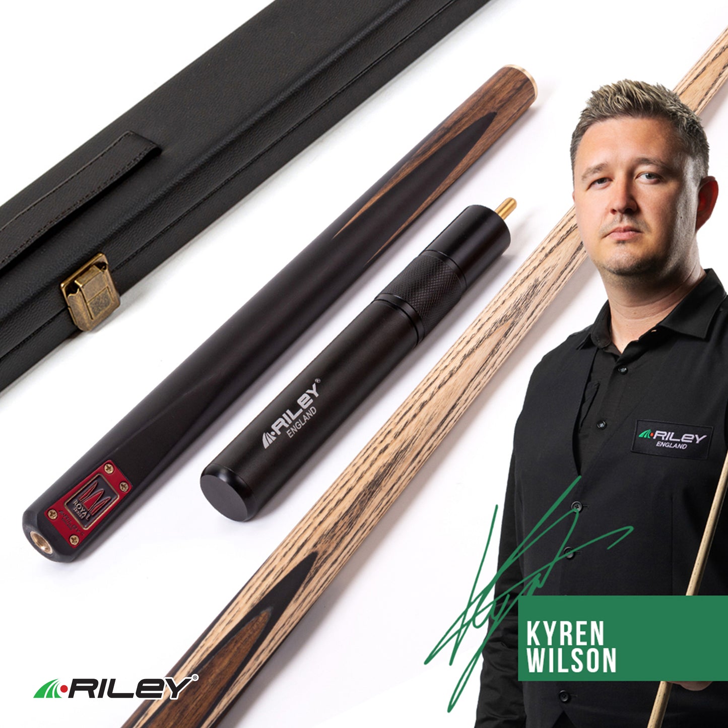 Riley Royal Series - 2 - 3 Piece Snooker Cue - 3/4 Cut - Layered Ebonised Black Wood Butt - 9.5mm Tip - 145cm - Black/Natural Teak Wood