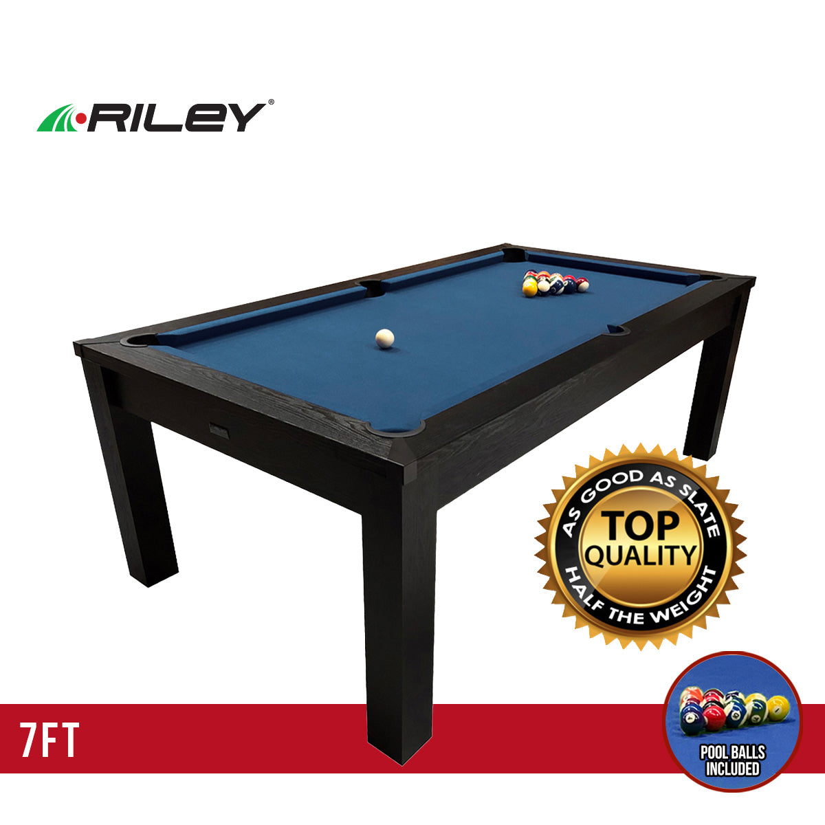 Riley 7ft 3-in-1 Semi Pro American Pool Table - Black Ash with Blue Cloth - Metal Frame - Free Table Tennis/Dining Top