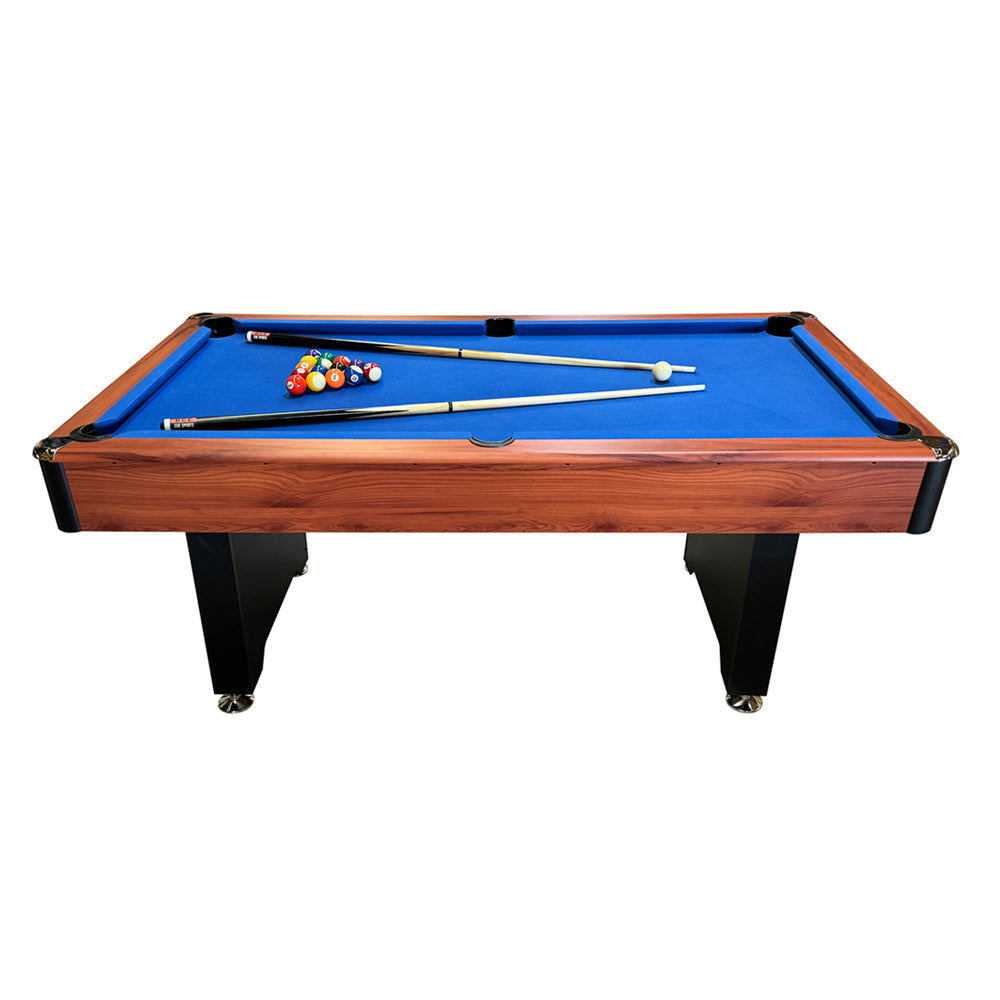 BCE 6ft American Pool Table - Black/Wood Effect with Blue Cloth - Fixed Leg - Ball Return System