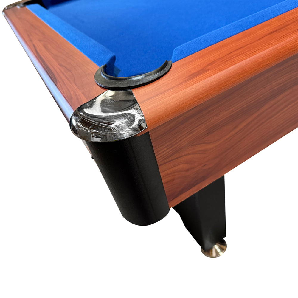 BCE 6ft American Pool Table - Black/Wood Effect with Blue Cloth - Fixed Leg - Ball Return System