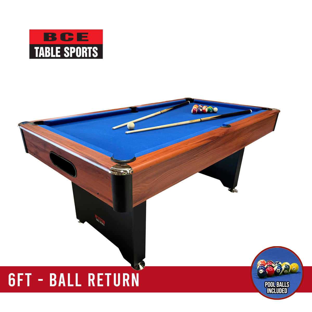 BCE 6ft American Pool Table - Black/Wood Effect with Blue Cloth - Fixed Leg - Ball Return System