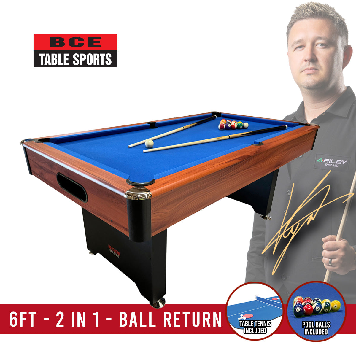 BCE 2 in 1 6Ft Pool Table With Ball Return System| Riley BCE – BCE CUE ...