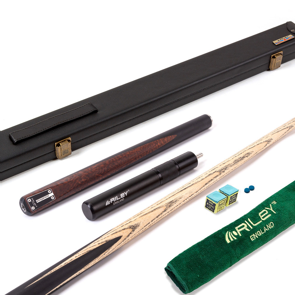 Riley Elegance - 3 Piece Snooker Cue - 3/4 Cut Cue - Layered Ebonised Black Wood Butt - 9.5mm Laminated Tip - 145cm - Black/ Natural Snake Wood Front Splice