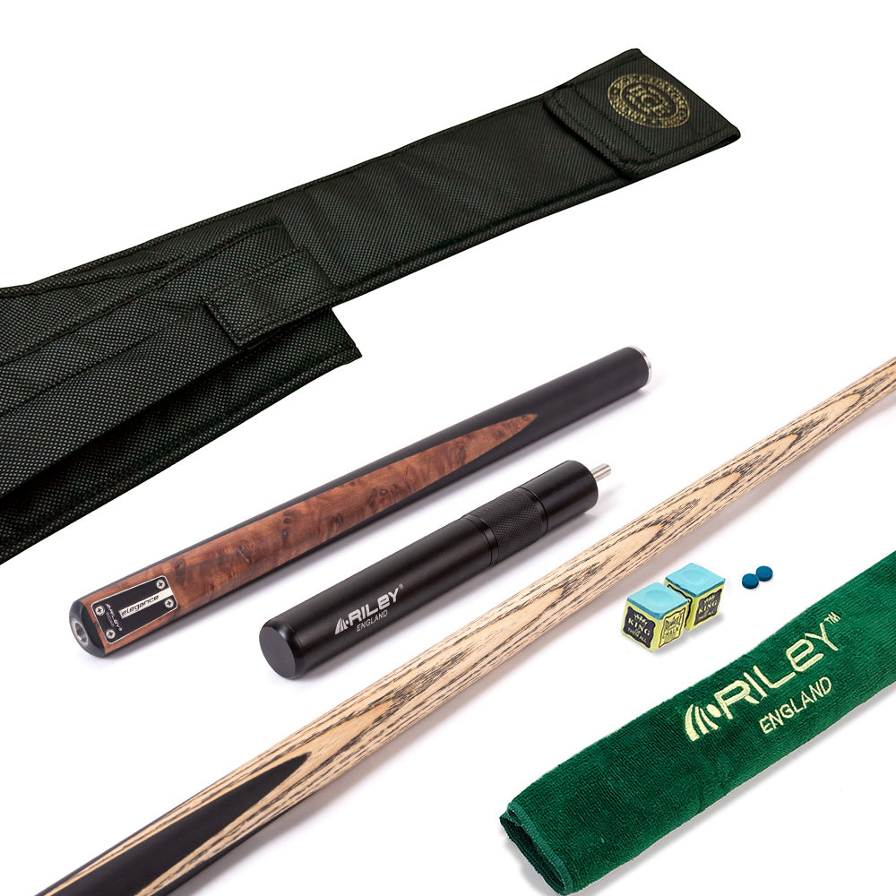 Riley Elegance - 3 Piece Snooker Cue - 3/4 Cut Cue - Layered Ebonised Black Wood Butt - 9.5mm Laminated Tip - 145cm - Black/ Natural Golden Madrone Burl  Front Splice