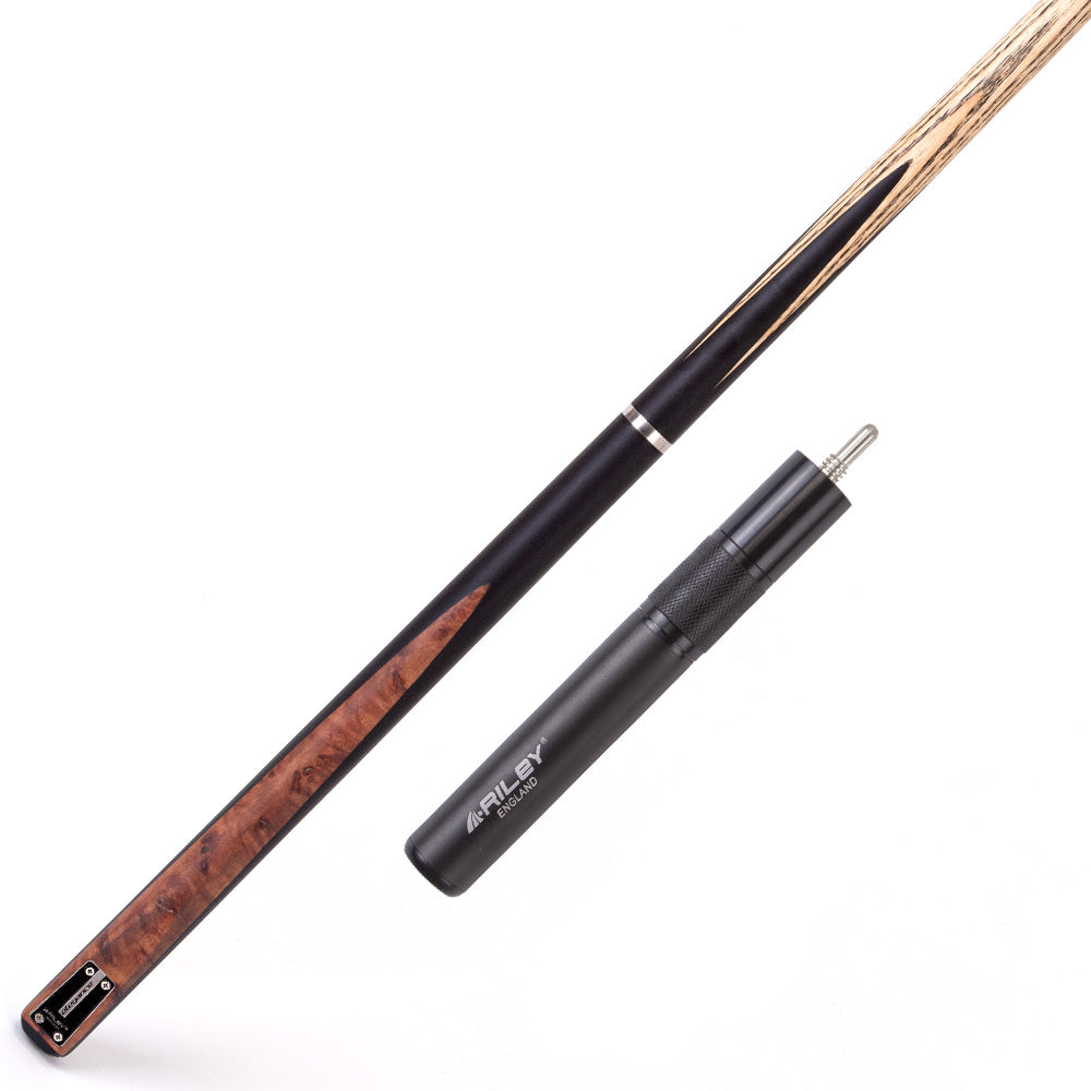 Riley Elegance - 3 Piece Snooker Cue - 3/4 Cut Cue - Layered Ebonised Black Wood Butt - 9.5mm Laminated Tip - 145cm - Black/ Natural Golden Madrone Burl  Front Splice