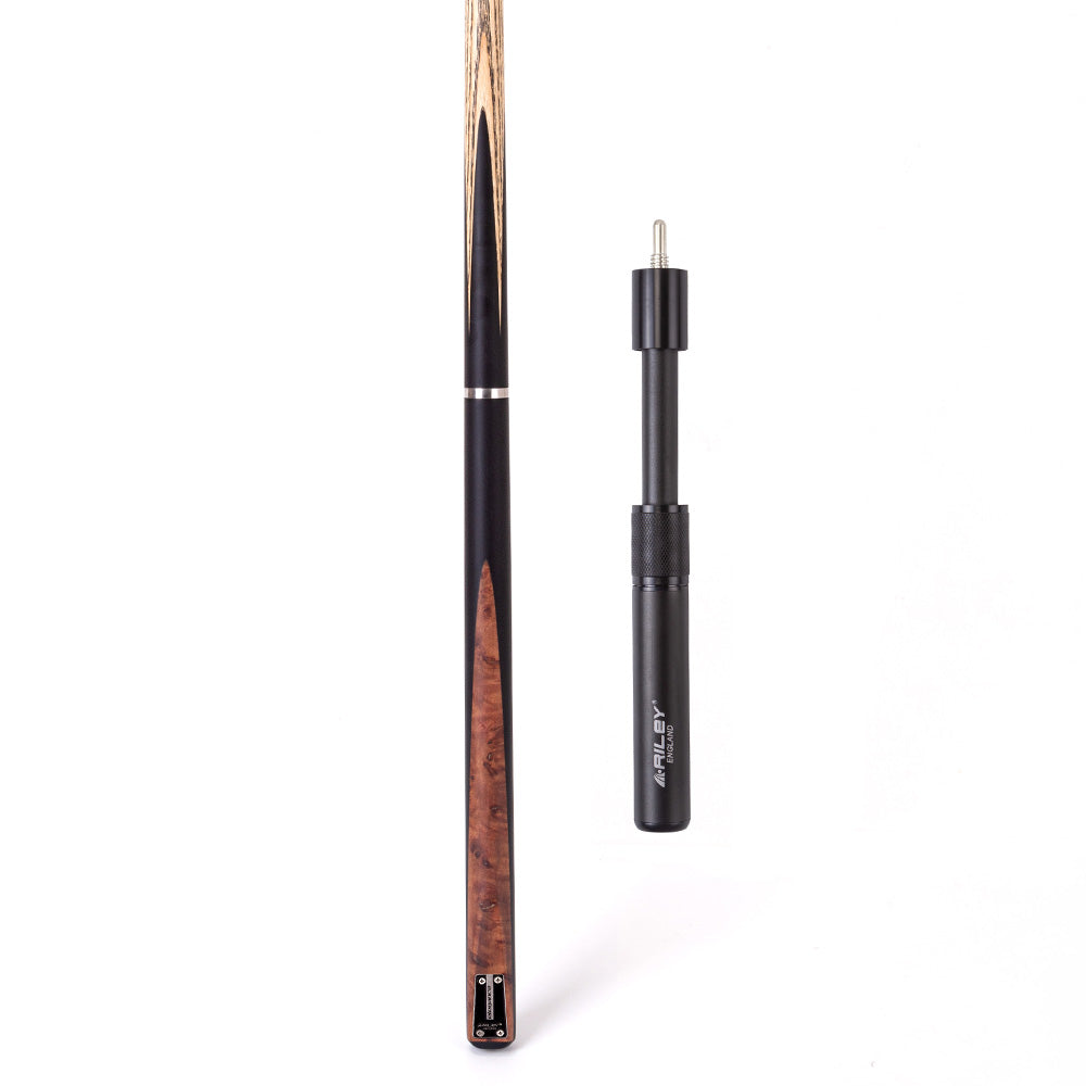 Riley Elegance - 3 Piece Snooker Cue - 3/4 Cut Cue - Layered Ebonised Black Wood Butt - 9.5mm Laminated Tip - 145cm - Black/ Natural Golden Madrone Burl  Front Splice