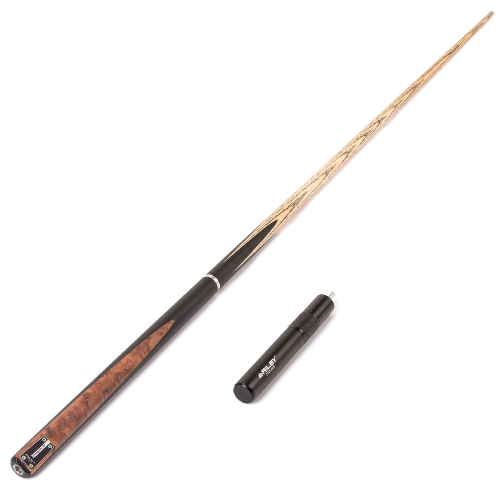 Riley Elegance - 3 Piece Snooker Cue - 3/4 Cut Cue - Layered Ebonised Black Wood Butt - 9.5mm Laminated Tip - 145cm - Black/ Natural Golden Madrone Burl  Front Splice