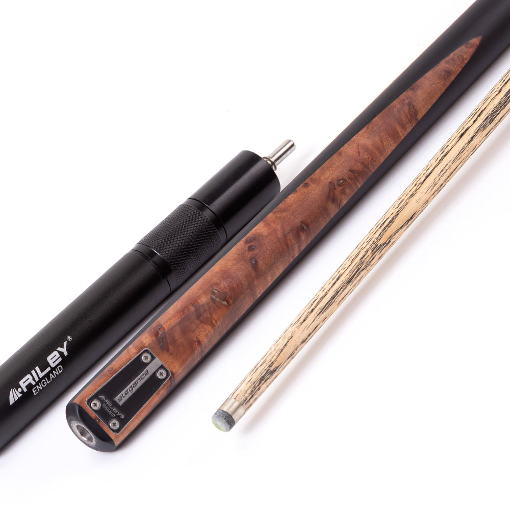 Riley Elegance - 3 Piece Snooker Cue - 3/4 Cut Cue - Layered Ebonised Black Wood Butt - 9.5mm Laminated Tip - 145cm - Black/ Natural Golden Madrone Burl  Front Splice