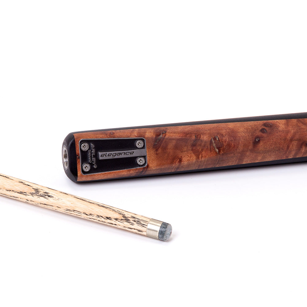 Riley Elegance - 3 Piece Snooker Cue - 3/4 Cut Cue - Layered Ebonised Black Wood Butt - 9.5mm Laminated Tip - 145cm - Black/ Natural Golden Madrone Burl  Front Splice