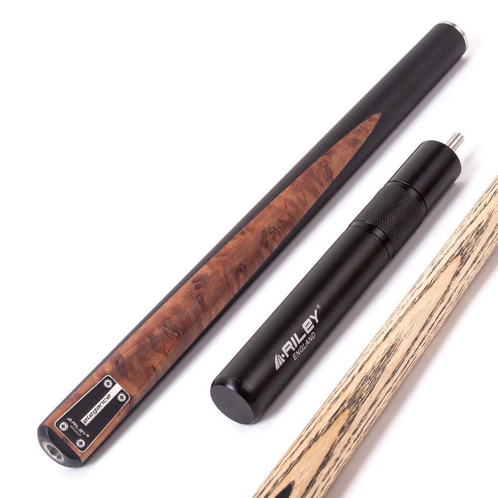 Riley Elegance - 3 Piece Snooker Cue - 3/4 Cut Cue - Layered Ebonised Black Wood Butt - 9.5mm Laminated Tip - 145cm - Black/ Natural Golden Madrone Burl  Front Splice